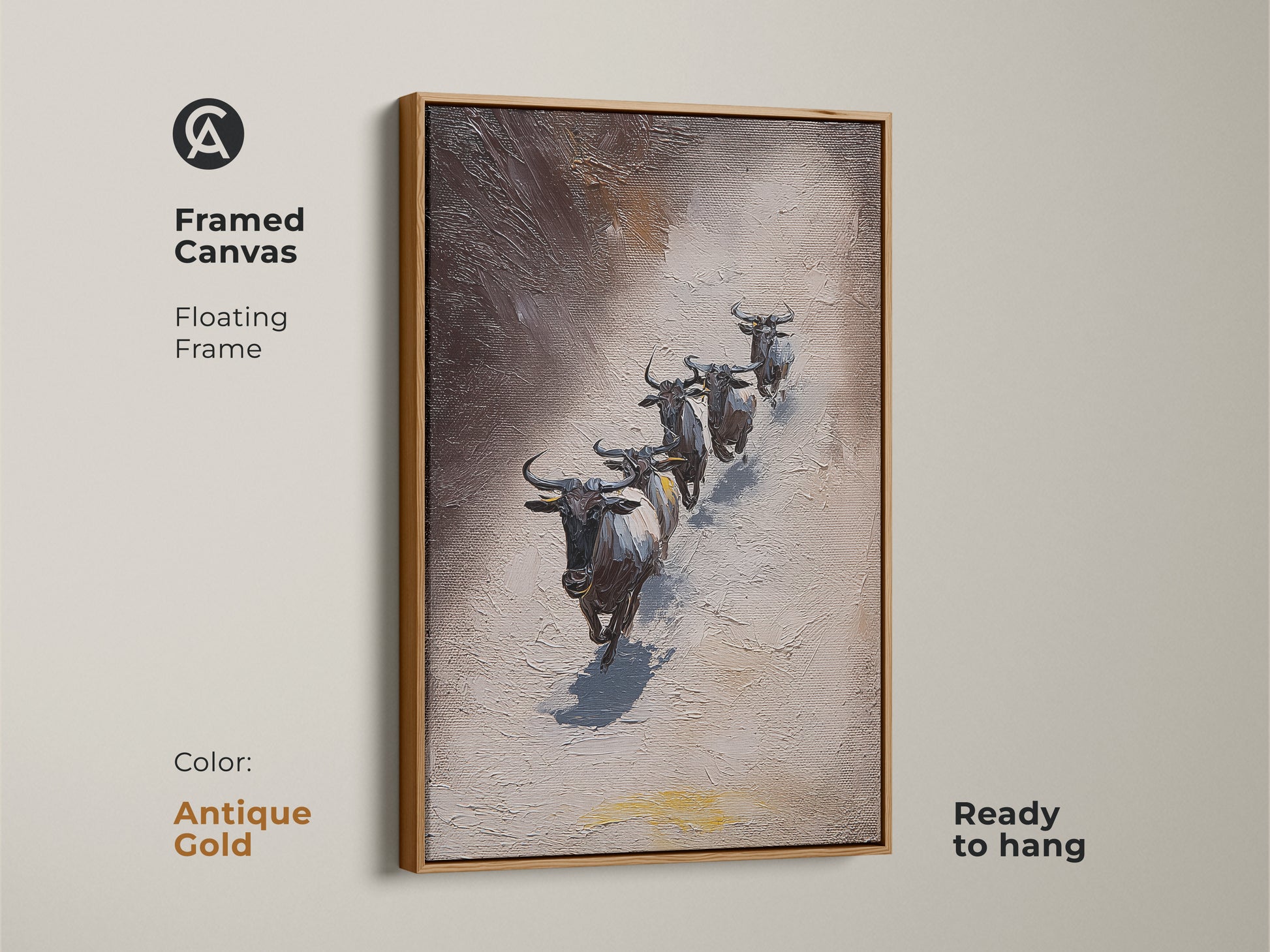 Antique Gold Framed Canvas featuring Wildebeest. This textured African wildlife artwork presents animals in an impressionistic style. The gray and brown palette creates a rustic feel. It's ready to hang. A great choice for adding a touch of elegance to your space.