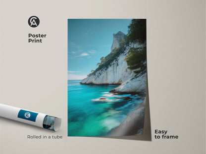 Museum-quality poster print of azure ocean wall hanging with a seaside landscape. The turquoise coast art brings nature-inspired art into your home. Easy to frame this piece adds summer vibes wall decor for residential wall spaces.