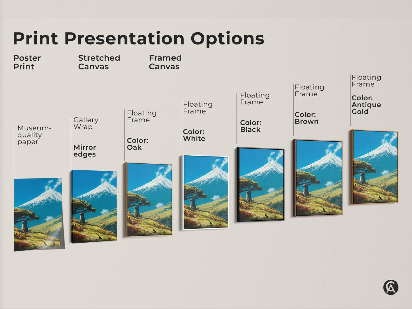 Explore print presentation options for scenic mountain lighthouse art. Choose from poster print stretched canvas or framed canvas. Options include gallery wrap museum-quality paper and floating frames in oak white black brown and antique gold. Enhance your home decor with artistic nature prints.