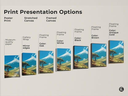 Explore print presentation options for scenic mountain lighthouse art. Choose from poster print stretched canvas or framed canvas. Options include gallery wrap museum-quality paper and floating frames in oak white black brown and antique gold. Enhance your home decor with artistic nature prints.