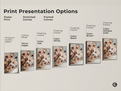 Explore print presentation options for cherry blossom artwork. Choose from poster prints stretched canvas or framed canvas. Find the perfect style for your botanical art.
