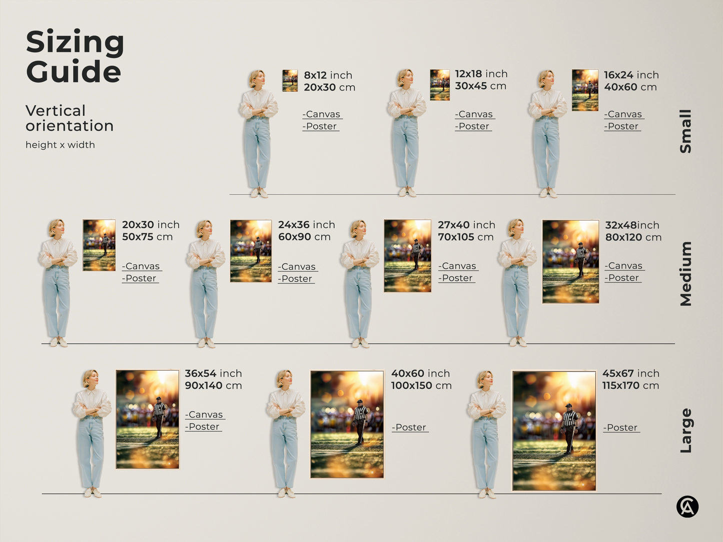 Sizing guide for sports referee wall art. Vertical orientation canvas and poster prints available in small medium and large sizes. The action photography captures the game's intensity. Ideal for any sports themed space.