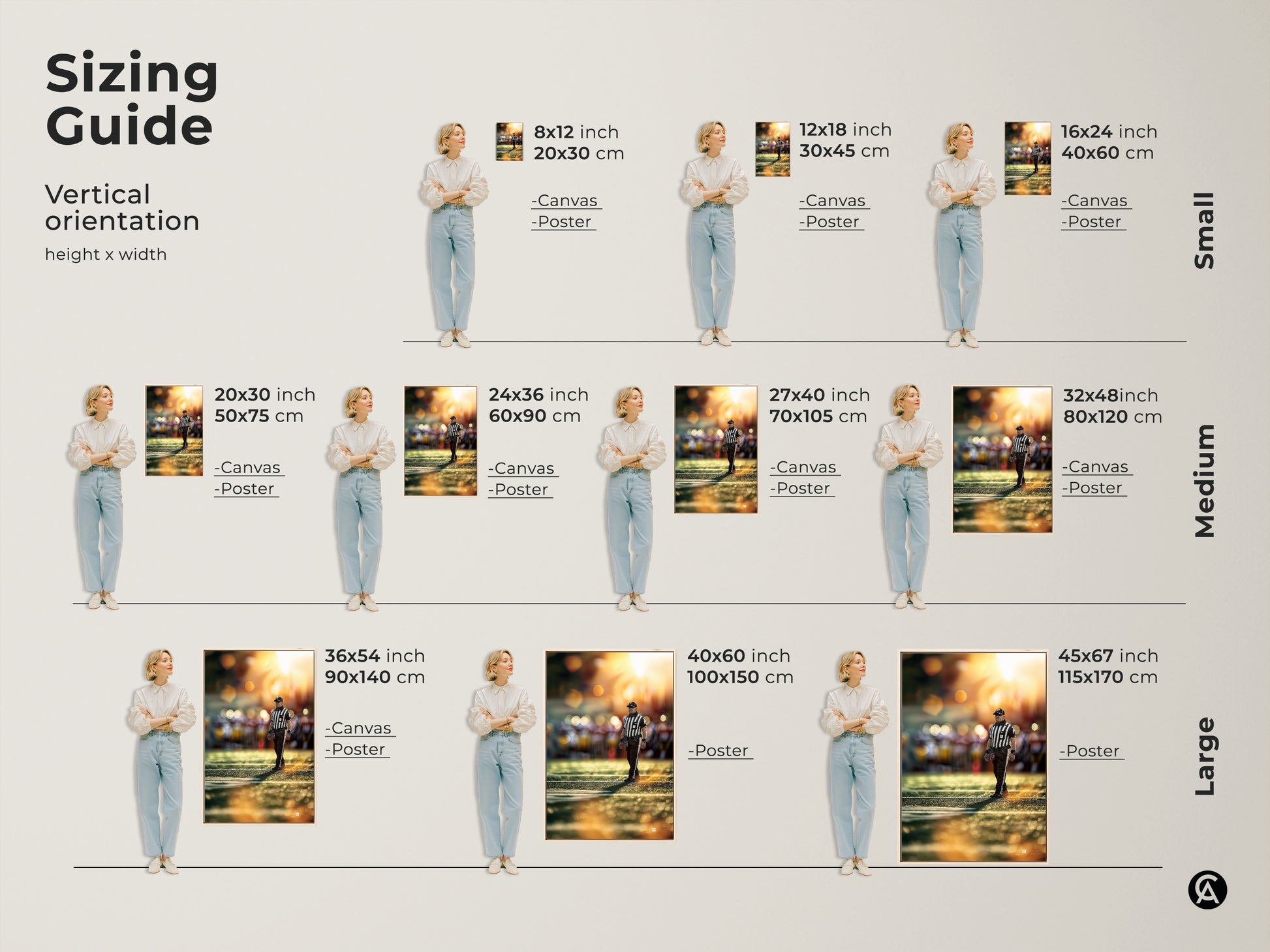 Sizing guide for sports referee wall art. Vertical orientation canvas and poster prints available in small medium and large sizes. The action photography captures the game's intensity. Ideal for any sports themed space.