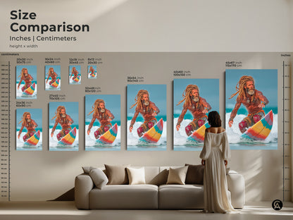 Size Comparison in inches and centimeters: Coastal Surfer Canvas Print is shown in various sizes. Sizes range from 20x30 cm to 45x67 inch or 115x170 cm. This ocean lifestyle photography art is the perfect family room decor gift for surfing enthusiasts.