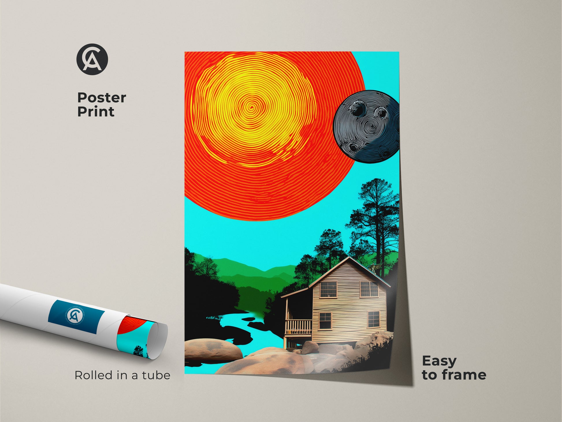 Poster print of abstract cabin landscape. Rolled in a tube this orange yellow and teal nature art is easy to frame. Retro sun and moon art is modern wall decor.  The vintage style artwork adds vibrant color to any room. Eclectic wall piece.