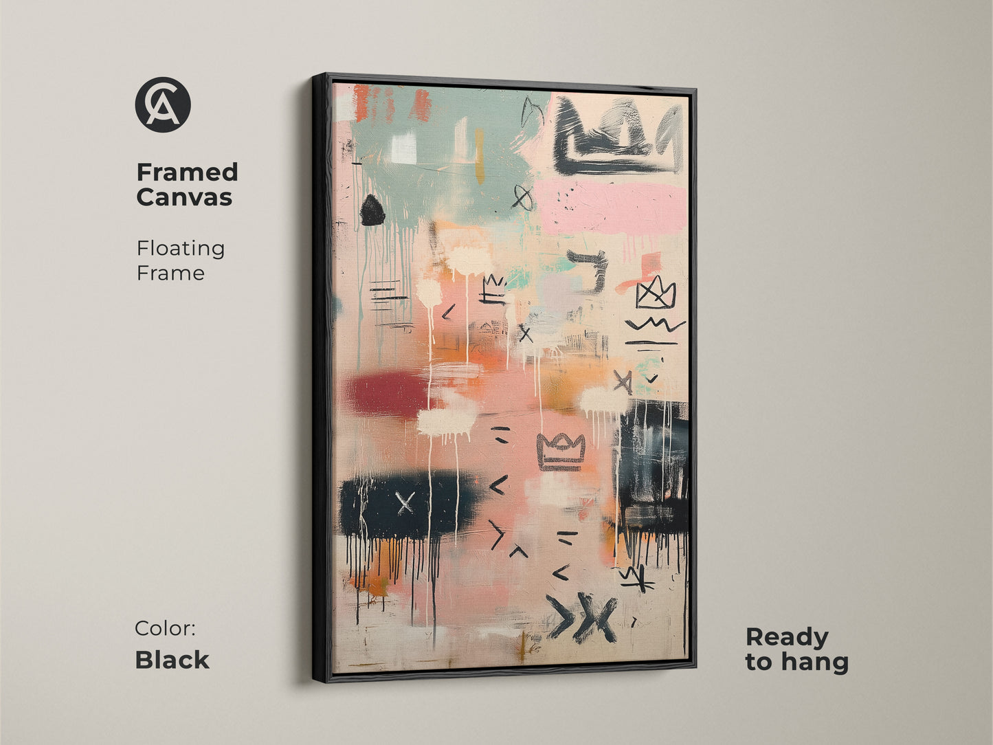 Framed canvas print with a black floating frame. The abstract artwork features pastel colors and bold black lines. It's ready to hang and adds a modern touch to any room. Shop framed art now.