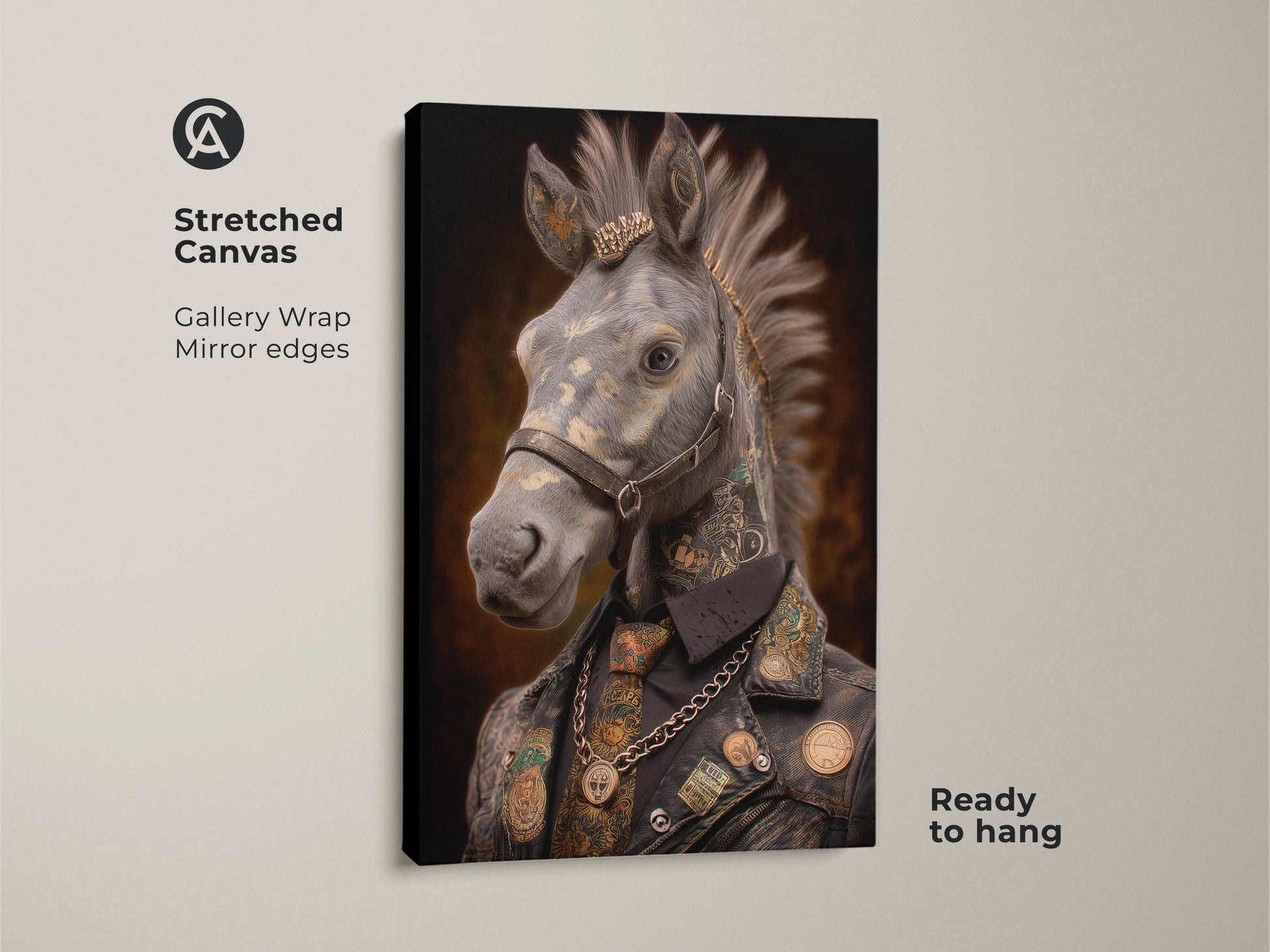 Bring edgy sophistication with this Steampunk Horse Canvas Print. The tattooed animal artwork features a leather jacket and gold chain. Ideal eclectic home decor. This fantasy animal artwork will add character to any room. Showcase your unique taste with this horse lover birthday gift. Display this unique wall hanging.