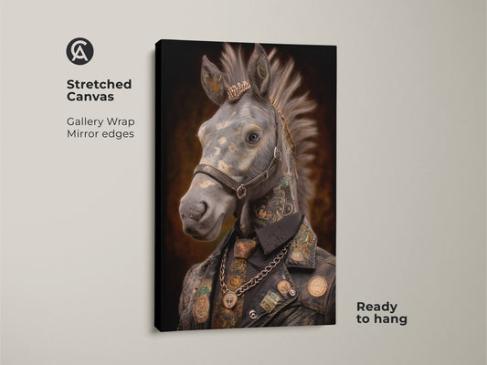 Bring edgy sophistication with this Steampunk Horse Canvas Print. The tattooed animal artwork features a leather jacket and gold chain. Ideal eclectic home decor. This fantasy animal artwork will add character to any room. Showcase your unique taste with this horse lover birthday gift. Display this unique wall hanging.