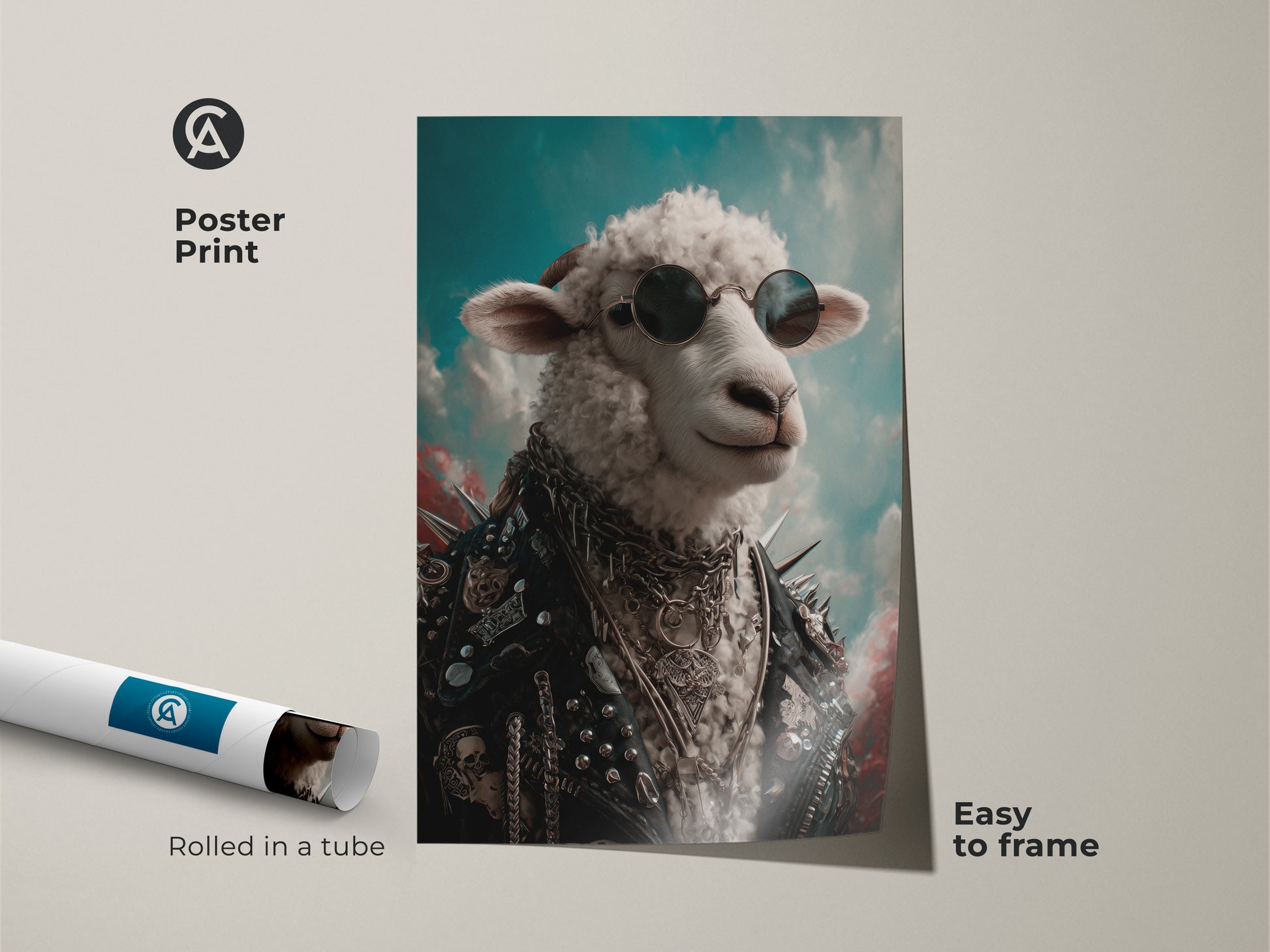 A poster print of a sheep wearing sunglasses and a leather jacket. This punk rock animal artwork is rolled in a tube and easy to frame. It is a cool wall art print perfect for alternative art decor or a man cave. A funny sheep artwork and birthday gift for him.