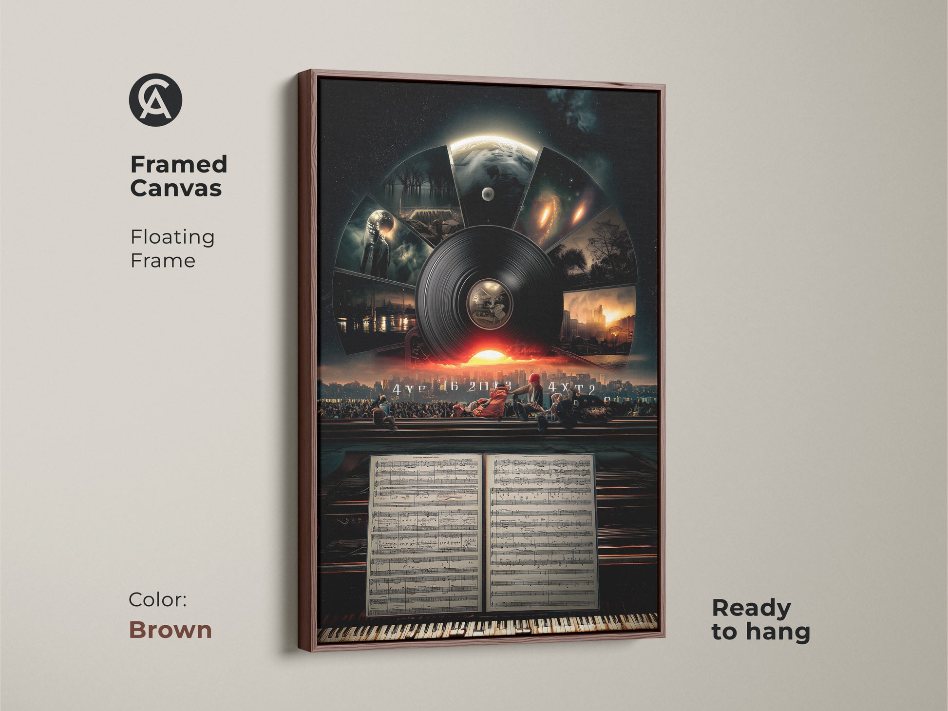 Framed canvas showcases a floating frame in brown color highlighting the surreal cityscape. This conceptual space artwork is ready to hang adding a touch of sophistication to any wall.