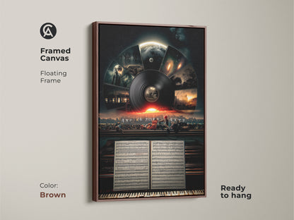 Framed canvas showcases a floating frame in brown color highlighting the surreal cityscape. This conceptual space artwork is ready to hang adding a touch of sophistication to any wall.