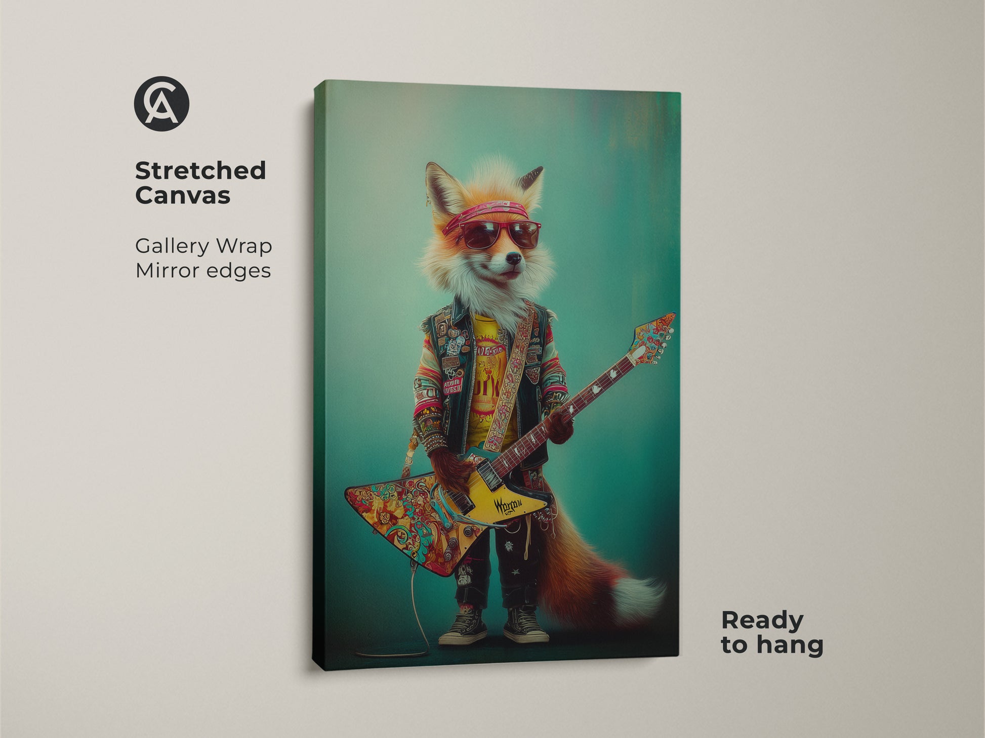 Stretched canvas art of a cool fox playing a guitar. This rockstar fox art makes a unique gift for musicians. The retro music wall decor features vibrant orange and yellow accents on a teal background. Ready to hang art.