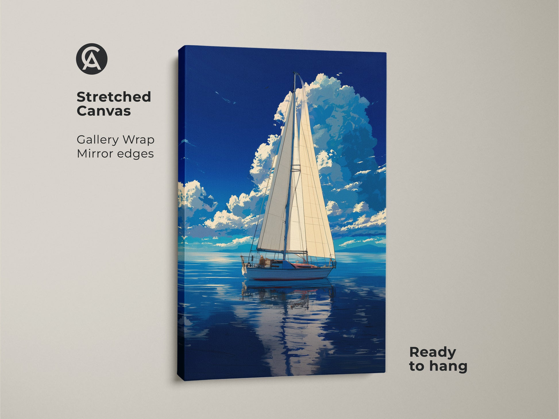Stretched canvas print of a sailboat. This nautical landscape print showcases coastal ocean artwork with a deep blue sky. It is ready to hang and adds a touch of the sea to any space. Perfect for a beach house or nautical bedroom decor.