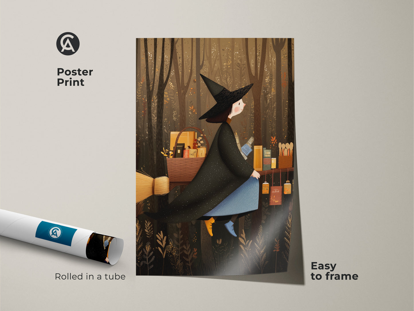 Poster print featuring a witch on a broom in an enchanted forest. The art is easy to frame. This dark academia print showcases a seasonal home decor theme. Whimsical nature witch art.