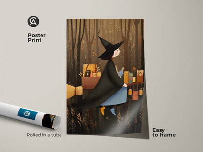Poster print featuring a witch on a broom in an enchanted forest. The art is easy to frame. This dark academia print showcases a seasonal home decor theme. Whimsical nature witch art.