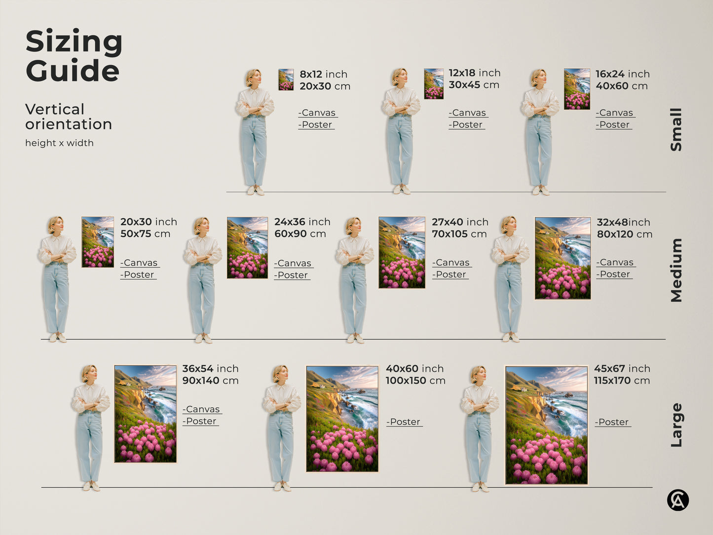 Sizing guide for vertical coastal artwork. See canvas and poster sizes available. Find the perfect fit for your beach house wall decor and nature inspired art.