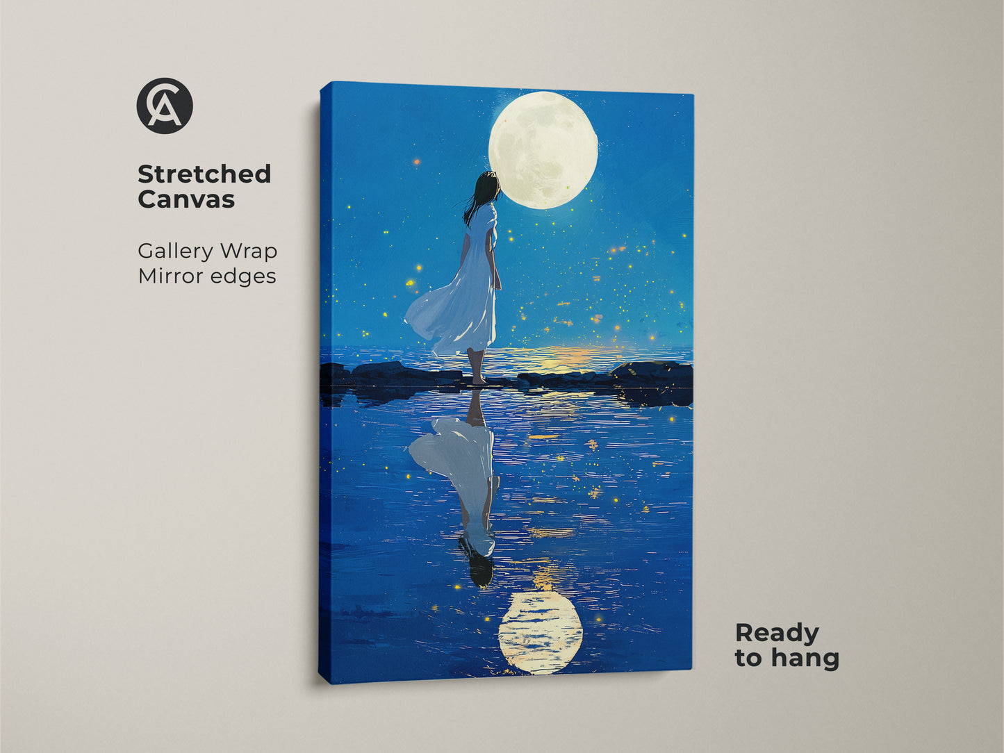Stretched canvas print of a celestial woman. Gallery wrapped with mirror edges. The artwork is ready to hang. It features a woman under the moon print in deep blue.
