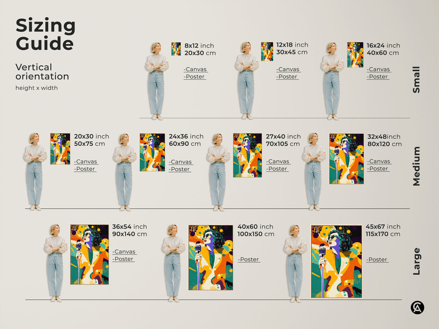 Sizing guide for vertical retro pop art singer canvas and poster. The sizes range from small to large. Each features the colorful singer with a vintage microphone.