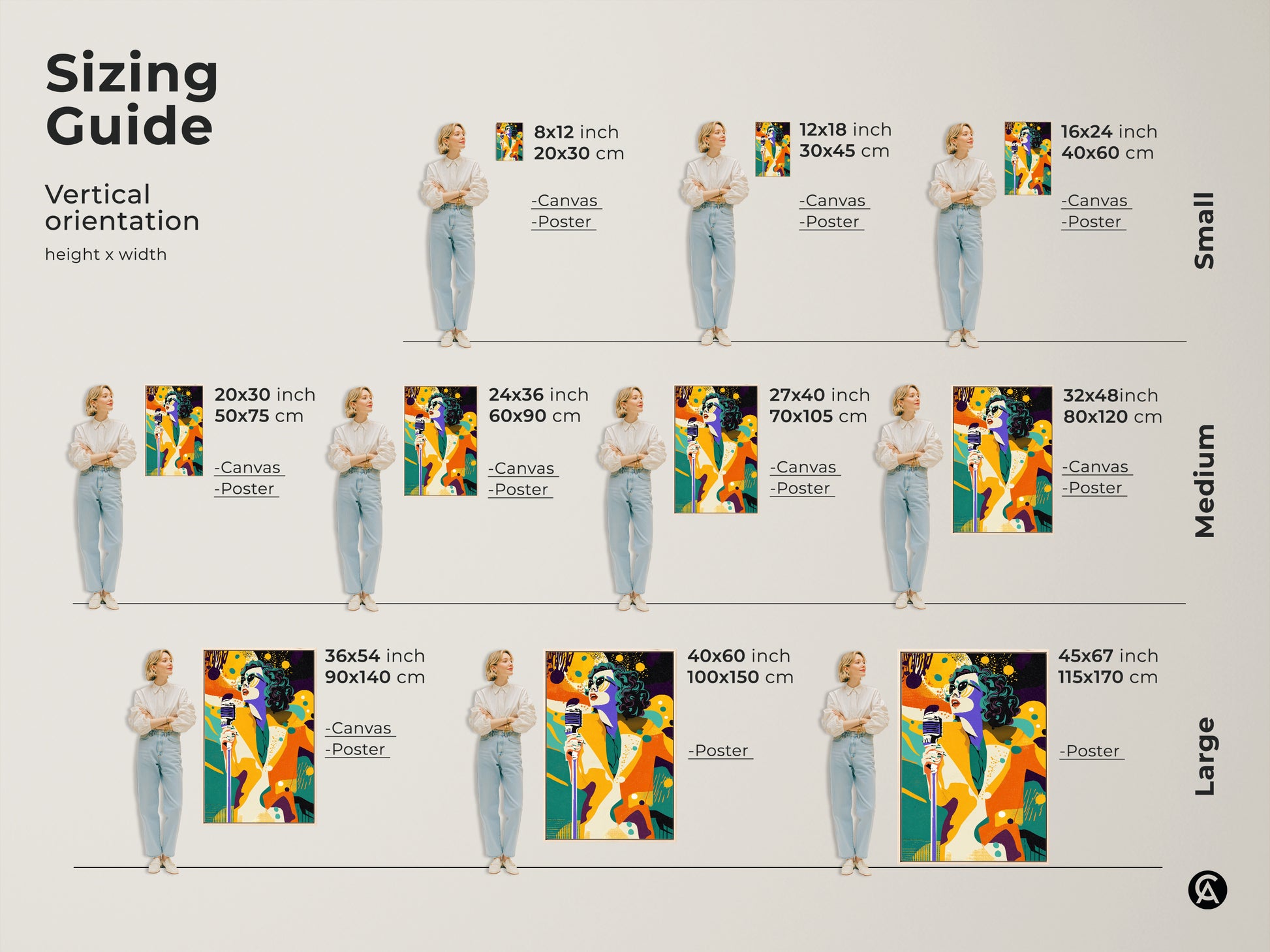 Sizing guide for vertical retro pop art singer canvas and poster. The sizes range from small to large. Each features the colorful singer with a vintage microphone.