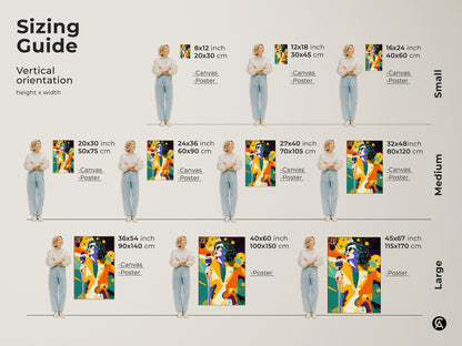 Sizing guide for vertical retro pop art singer canvas and poster. The sizes range from small to large. Each features the colorful singer with a vintage microphone.