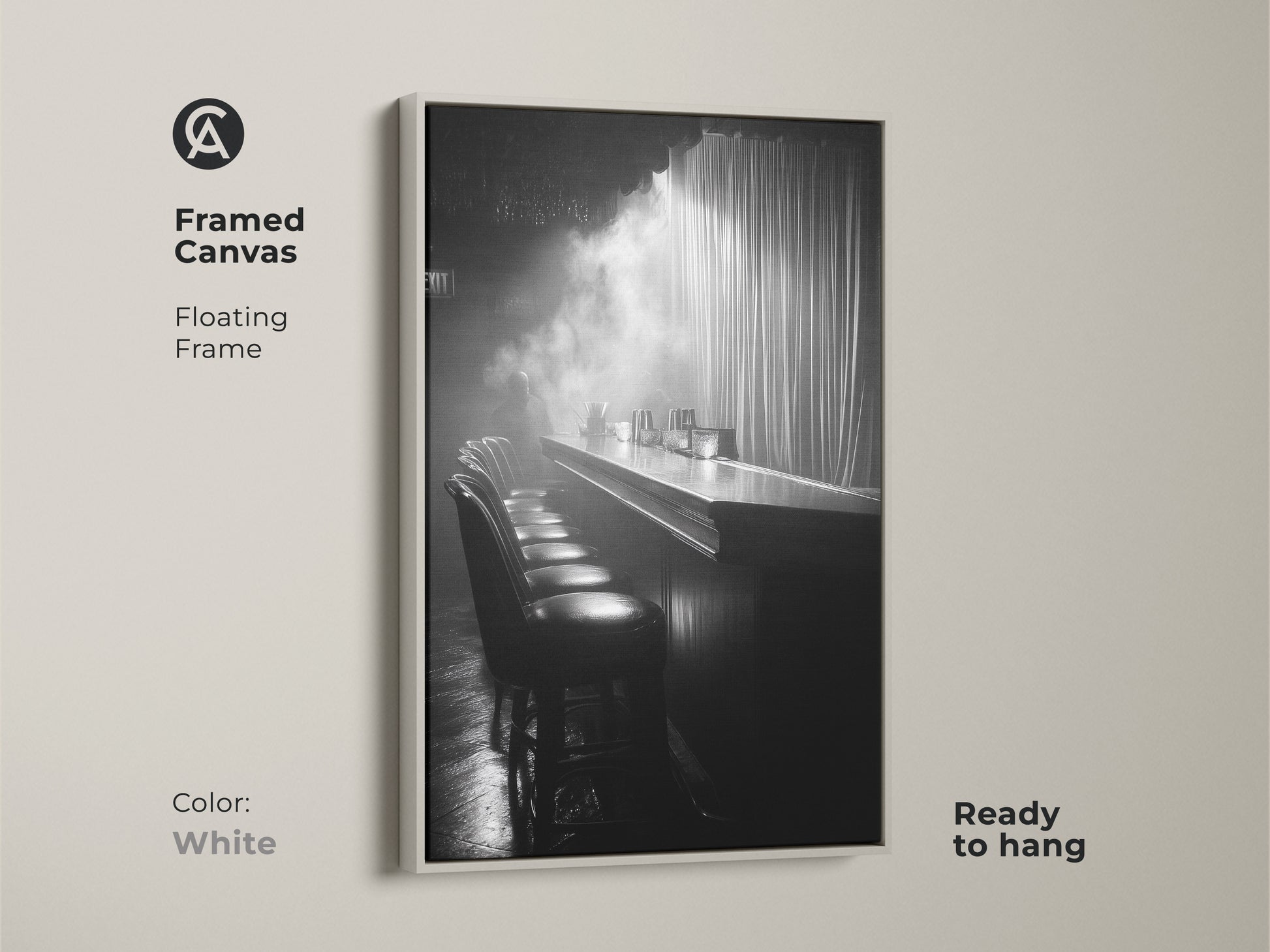 Framed canvas print of a monochrome bar. This floating frame is white and ready to hang. The cinematic scene offers industrial decor. It's a black and white artwork for a lounge. This is perfect for home bar art.