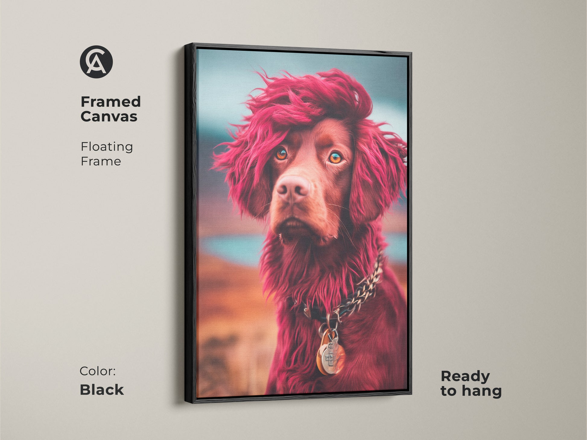 Framed canvas of an eclectic dog art print. This stylish portrait features a red-haired brown dog wearing a chunky chain. The artwork includes a floating frame and is ready to hang. This unique pet portrait will enhance your eclectic home decor.