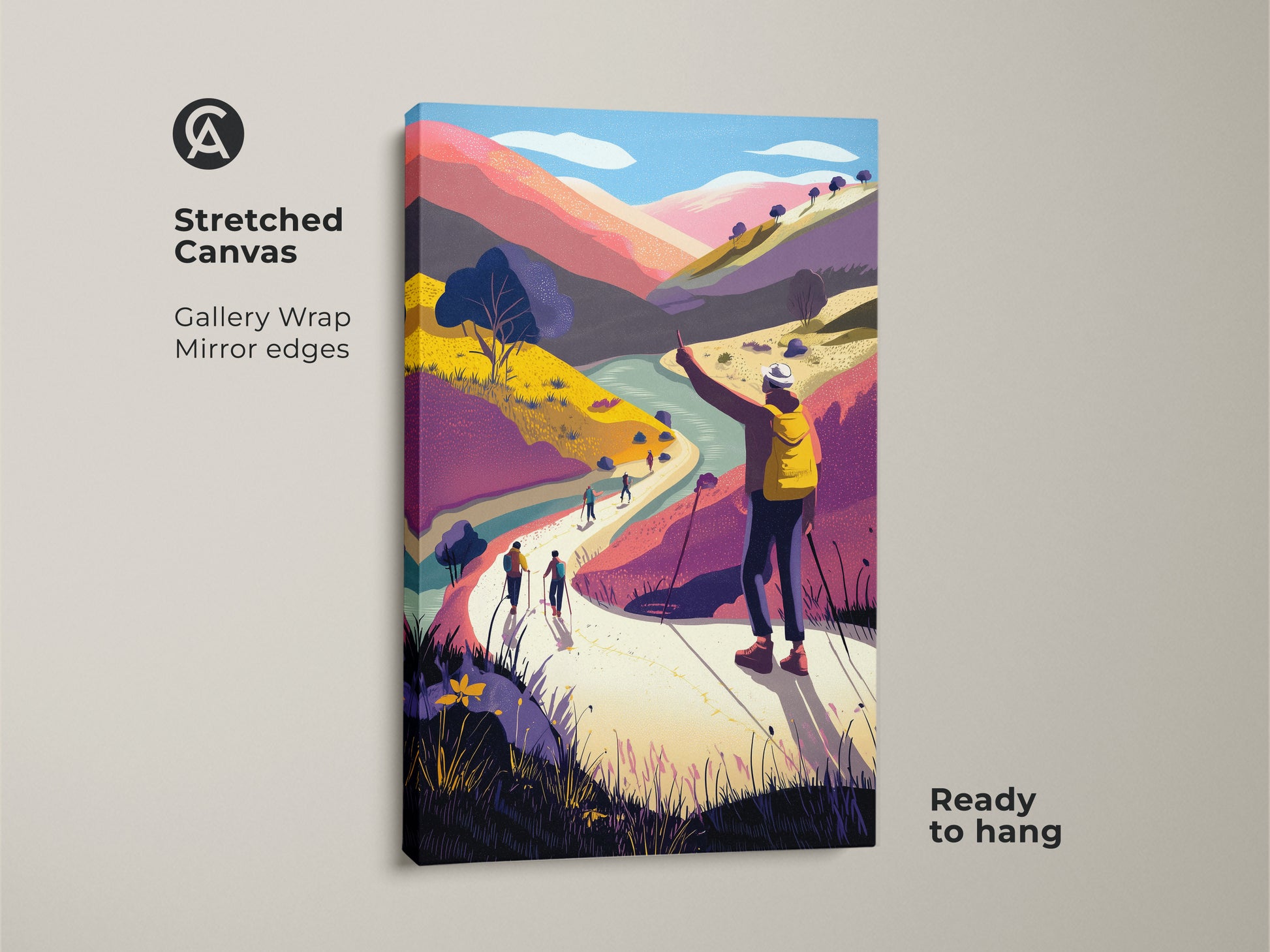 Stretched canvas print of a boho mountain landscape. Hiker walking wall art with mirror edges. This yellow backpack canvas print is ready to hang. Adventure travel artwork adds a colorful touch. Modern folk art for bedroom boho decor. Gallery wrapped for a clean look.