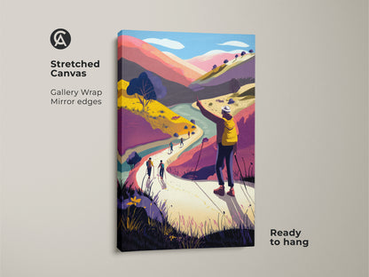Stretched canvas print of a boho mountain landscape. Hiker walking wall art with mirror edges. This yellow backpack canvas print is ready to hang. Adventure travel artwork adds a colorful touch. Modern folk art for bedroom boho decor. Gallery wrapped for a clean look.