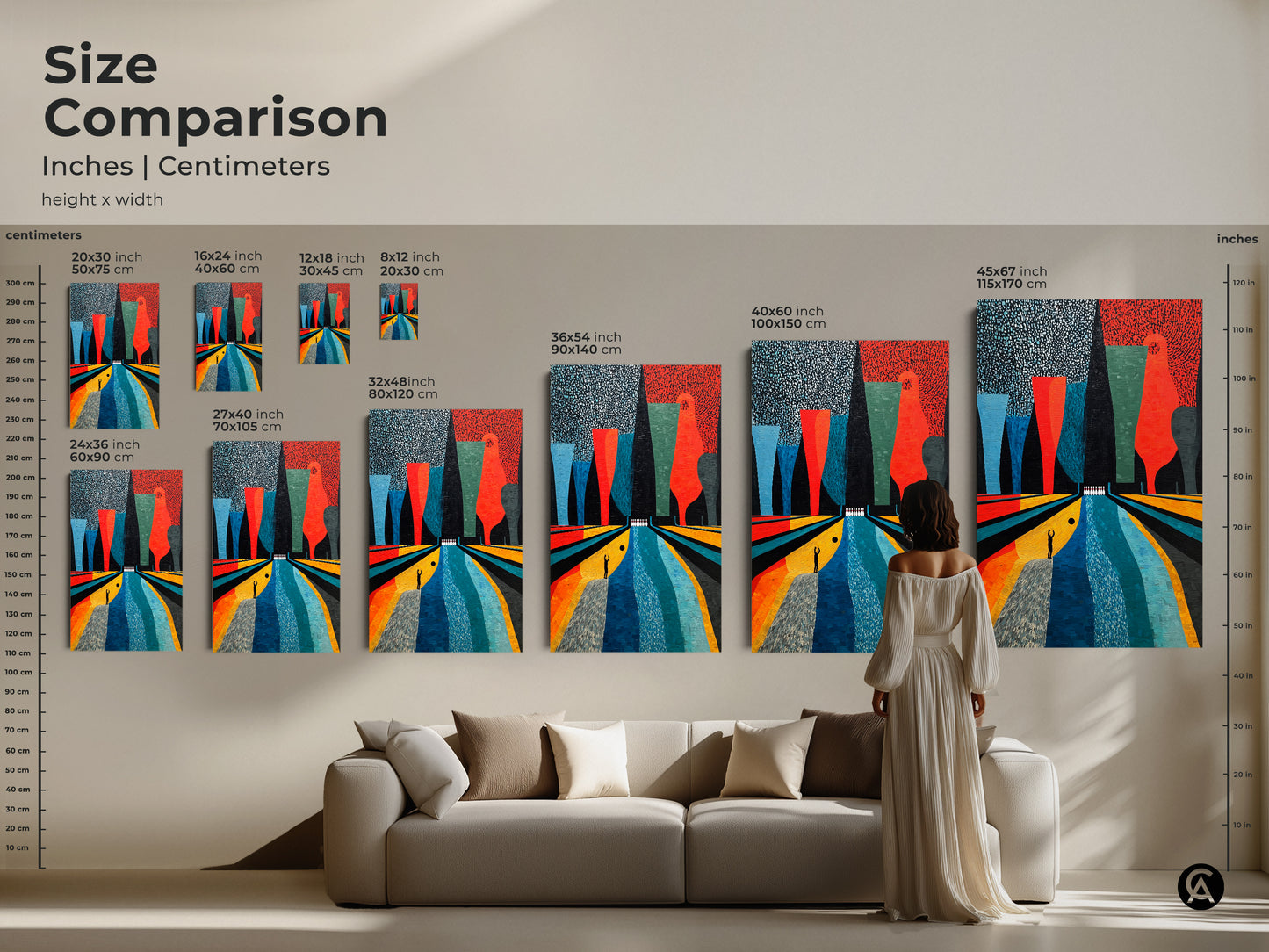 This size comparison displays the abstract bowling art in inches and centimeters. The Mid-Century Modern design is available in various sizes. You can choose the perfect canvas or poster print to fit your space. The retro Orange Yellow and Teal colors add a vibrant touch to your home decor. A great gift for sports lovers.