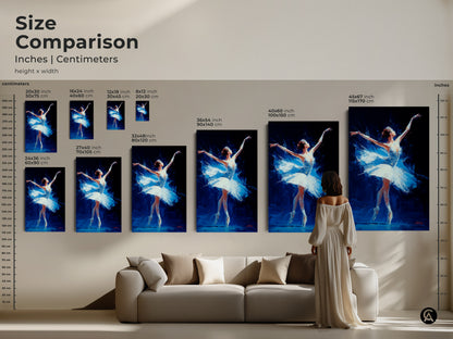 Size comparison of ballerina art prints. Inches and centimeters are shown. Various sizes are displayed above a couch. Visualize the artwork in your home. Choose the perfect size for your space. Shop wall art now