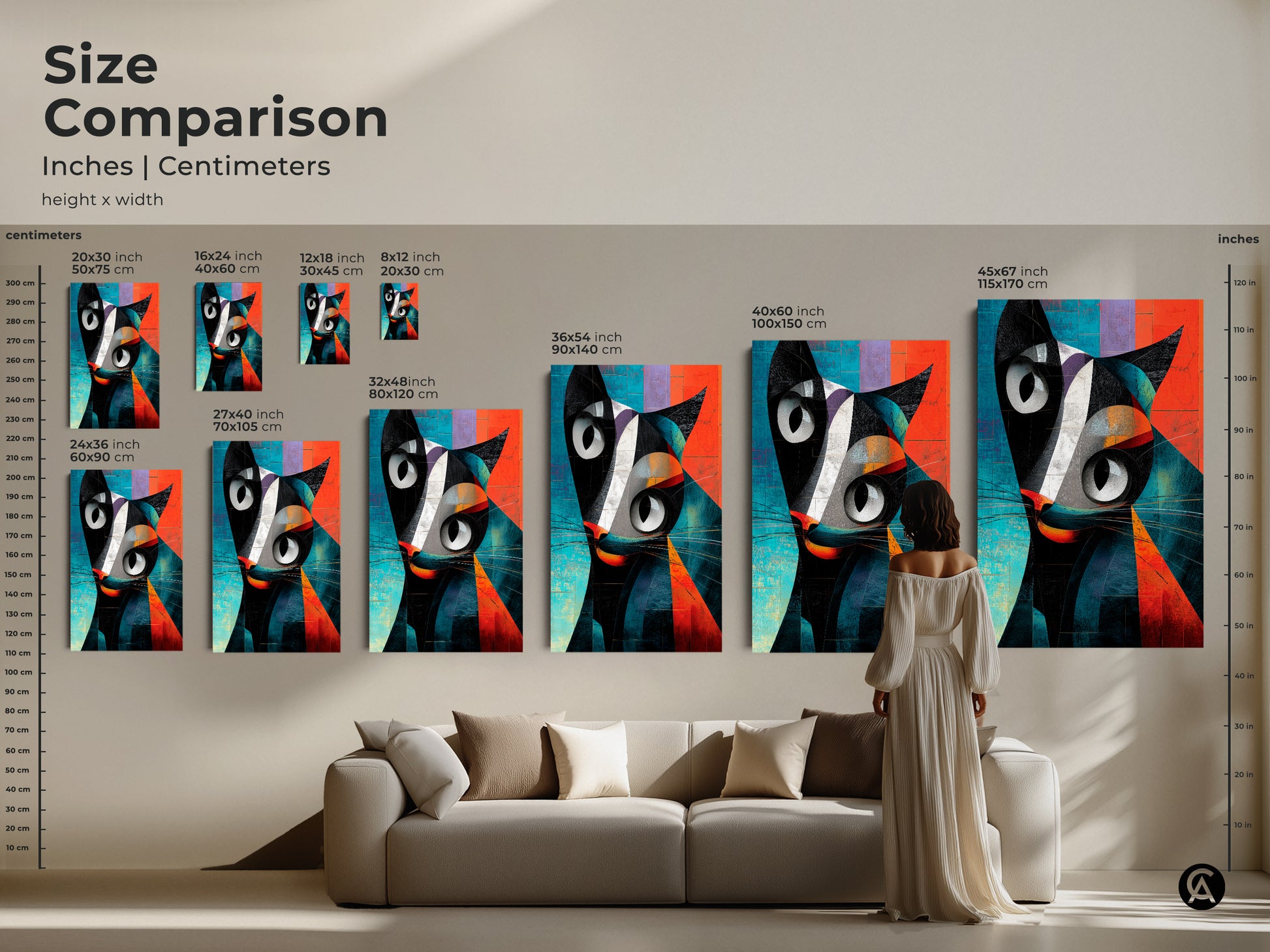 Size comparison of geometric cat artwork. See how the abstract animal print fits above a couch. Available in various sizes as canvas or poster. The modern black orange and teal colors make it a focal point. Choose the perfect contemporary cat decor.