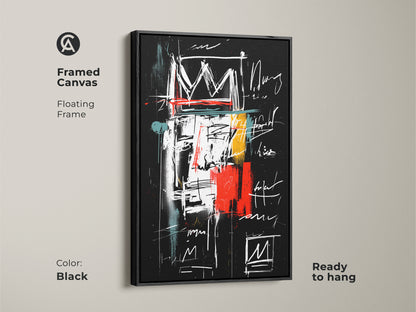 Framed canvas art with a black floating frame. This abstract crown art adds a touch of modern elegance to any space. The floating frame enhances the artwork's visual impact. Ready to hang and enjoy. Perfect for those who appreciate contemporary design and bold statements.