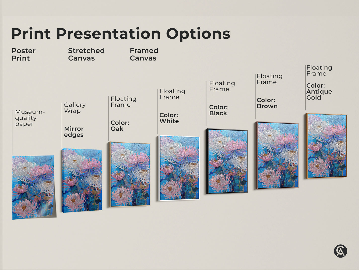 Explore print presentation options for pink blue and white Chrysanthemum artwork. Choose from poster print stretched canvas or framed canvas. Options include gallery wrap mirror edges and floating frames in various colors. Find the perfect style for your botanical nature wall art.