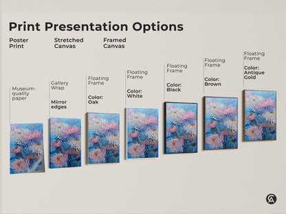 Explore print presentation options for pink blue and white Chrysanthemum artwork. Choose from poster print stretched canvas or framed canvas. Options include gallery wrap mirror edges and floating frames in various colors. Find the perfect style for your botanical nature wall art.