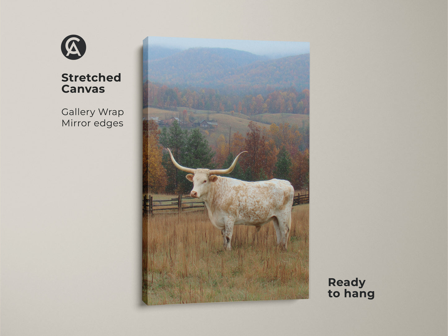 Stretched canvas print featuring a Longhorn in a field. Gallery wrapped with mirrored edges. The canvas is ready to hang. The artwork captures a Longhorn with large horns in front of an autumn landscape with snow.