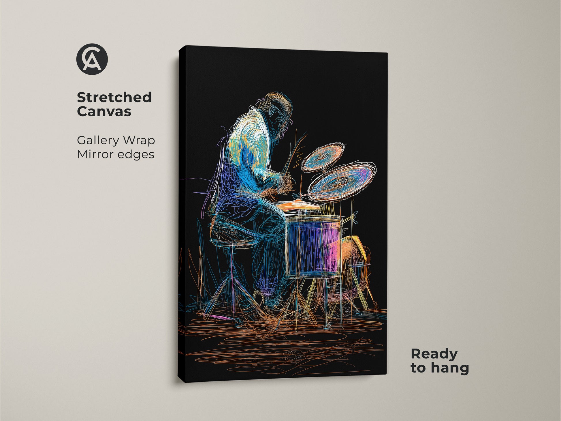 Stretched canvas art featuring an abstract drummer. The gallery wrap has mirror edges it is ready to hang. This colorful artwork brings musical passion to any space ideal eclectic home decor art