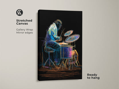 Stretched canvas art featuring an abstract drummer. The gallery wrap has mirror edges it is ready to hang. This colorful artwork brings musical passion to any space ideal eclectic home decor art