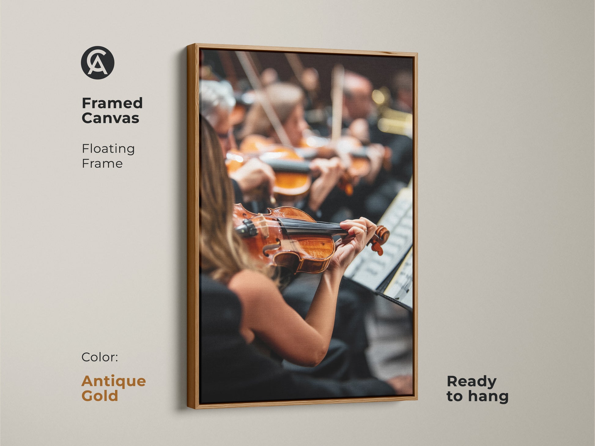 This framed canvas art in an antique gold finish showcases a lively orchestra. A violinist takes center stage. The floating frame enhances the artwork's classical charm. This ready-to-hang piece is a sophisticated addition to any music room. It is also a thoughtful gift for music enthusiasts.