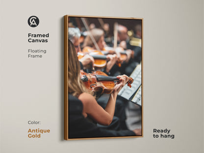 This framed canvas art in an antique gold finish showcases a lively orchestra. A violinist takes center stage. The floating frame enhances the artwork's classical charm. This ready-to-hang piece is a sophisticated addition to any music room. It is also a thoughtful gift for music enthusiasts.