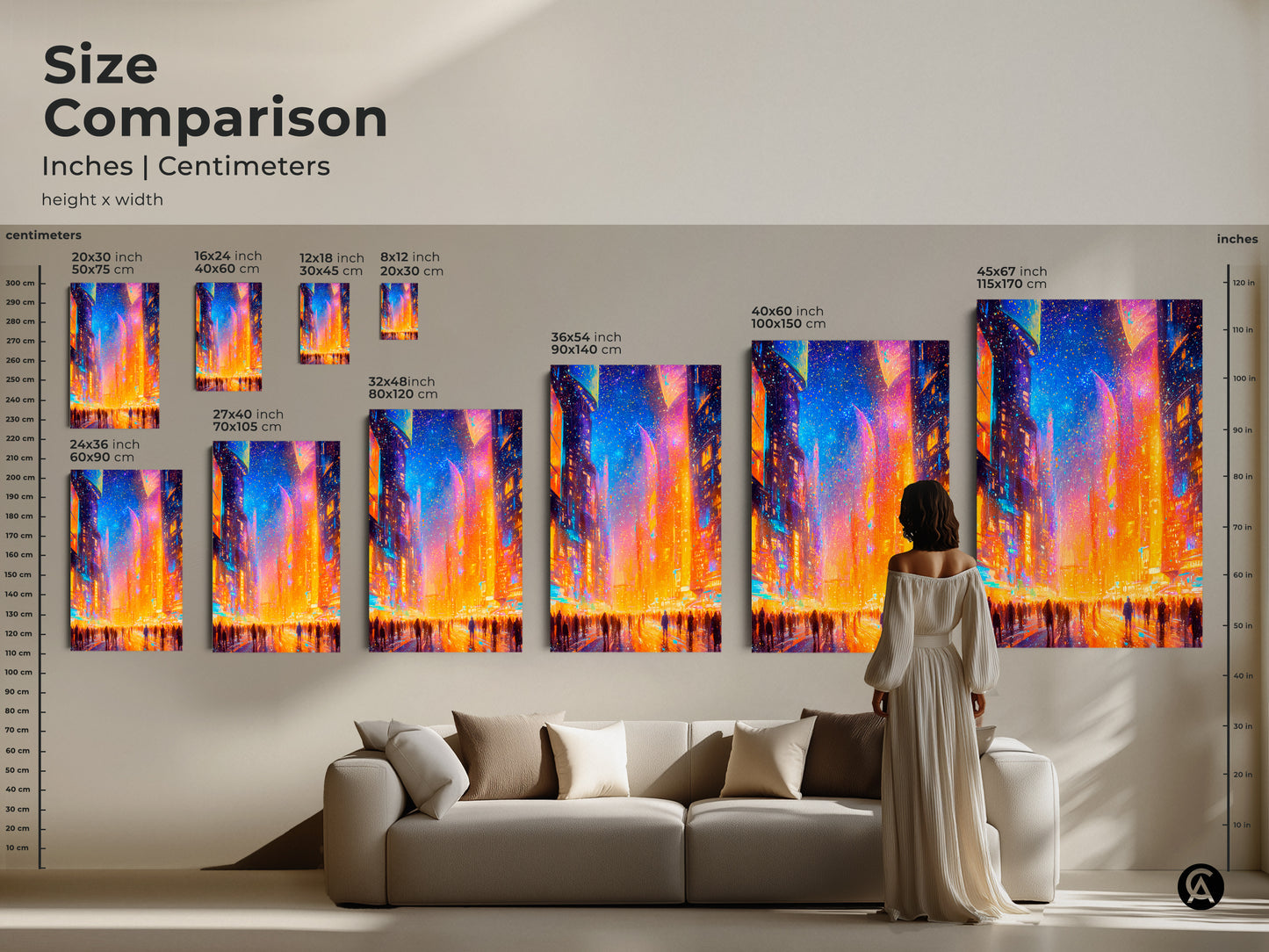 Size comparison of cityscape artwork in inches and centimeters. See how different sizes look in a living room setting. Choose the perfect dimensions for your canvas or poster. Transform your space with this colorful art.