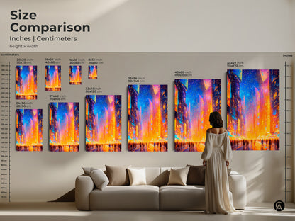 Size comparison of cityscape artwork in inches and centimeters. See how different sizes look in a living room setting. Choose the perfect dimensions for your canvas or poster. Transform your space with this colorful art.