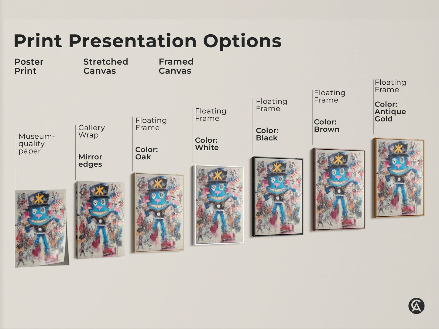 Sizing guide shows graffiti character art in various vertical sizes. Options include canvas and poster prints. Find the perfect fit for your space. Transform your walls with this unique blue abstract canvas art.