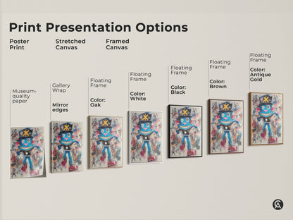 Sizing guide shows graffiti character art in various vertical sizes. Options include canvas and poster prints. Find the perfect fit for your space. Transform your walls with this unique blue abstract canvas art.