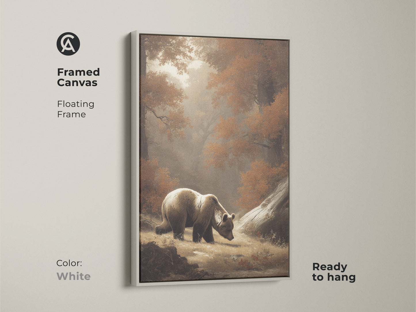 White framed canvas featuring a bear in a forest. The sepia wildlife wall art adds a touch of wilderness. Ready to hang and perfect for any room. The rustic autumn landscape print is ideal for nature lovers. A beautiful earthy tone art print.