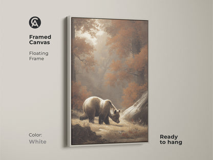 White framed canvas featuring a bear in a forest. The sepia wildlife wall art adds a touch of wilderness. Ready to hang and perfect for any room. The rustic autumn landscape print is ideal for nature lovers. A beautiful earthy tone art print.