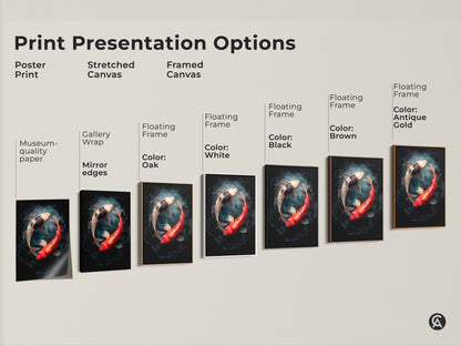 Print presentation options showing poster prints stretched canvas and framed canvas. Each option displays two koi fish in a yin and yang position. Find the perfect style for your art.