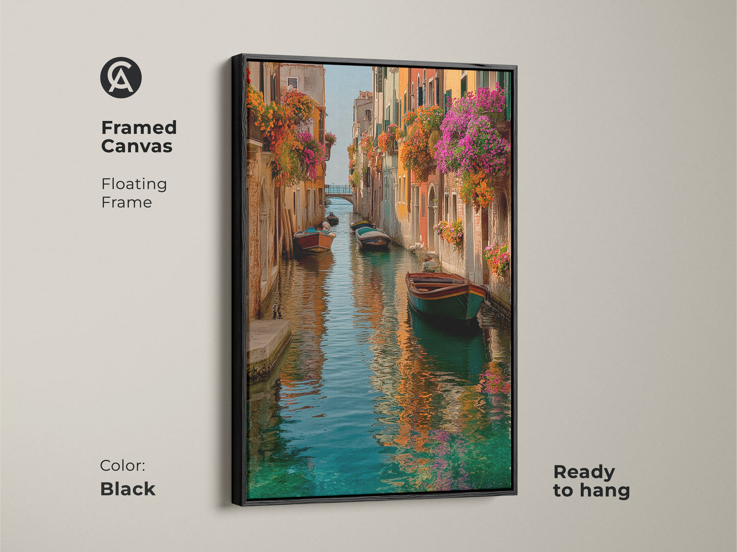 Framed canvas of Venice canal artwork. A floating frame in black enhances this Italian romantic landscape. Ready to hang. The colorful boats and flowers bring vibrant life to any room.