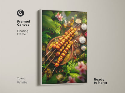 Framed canvas artwork with a white floating frame. The artwork features grilled skewers surrounded by lush tropical plants. This ready-to-hang canvas is a perfect addition to any kitchen or dining area. The white frame offers a clean and modern aesthetic.