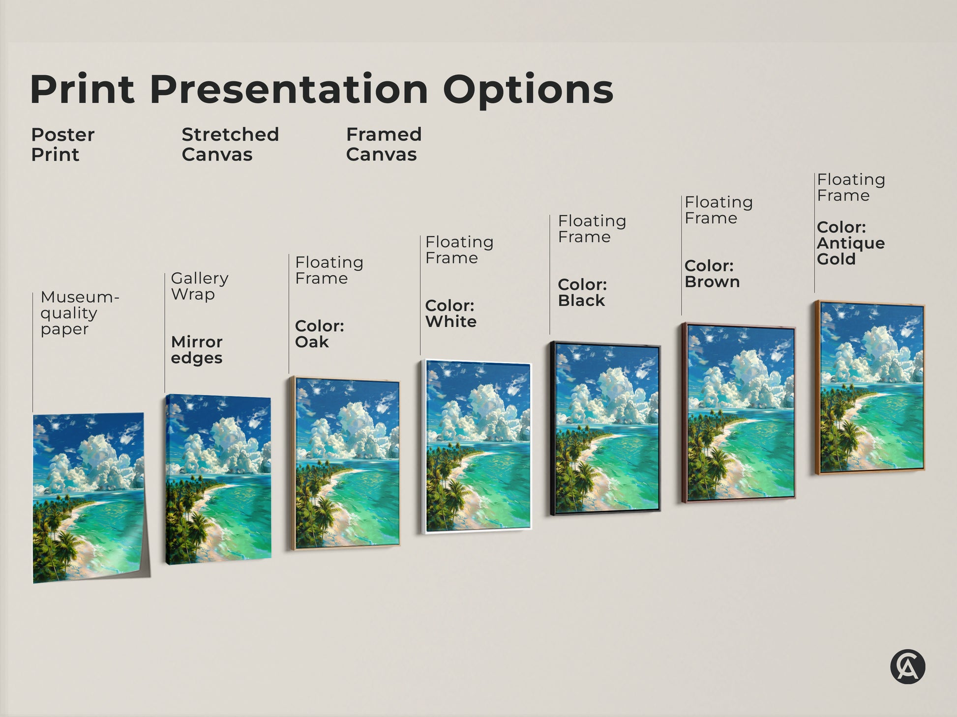Explore print presentation options for tropical island beach artwork. Choose from poster prints stretched canvases and framed canvases. Options include gallery wrap mirror edges and floating frames in various colors. Find the perfect style for your beach art.
