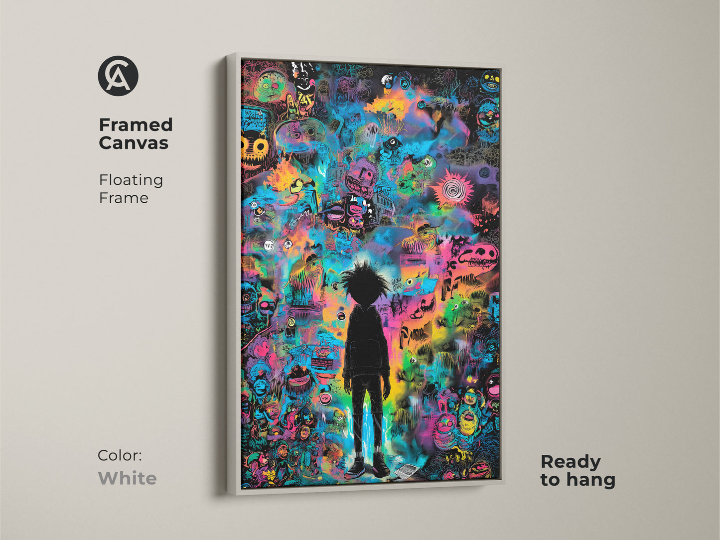 Framed canvas art featuring a vibrant graffiti-style artwork. The piece is displayed in a white floating frame. It showcases a black silhouette figure surrounded by colorful monsters and abstract shapes. This ready-to-hang art is a perfect addition to your home decor.